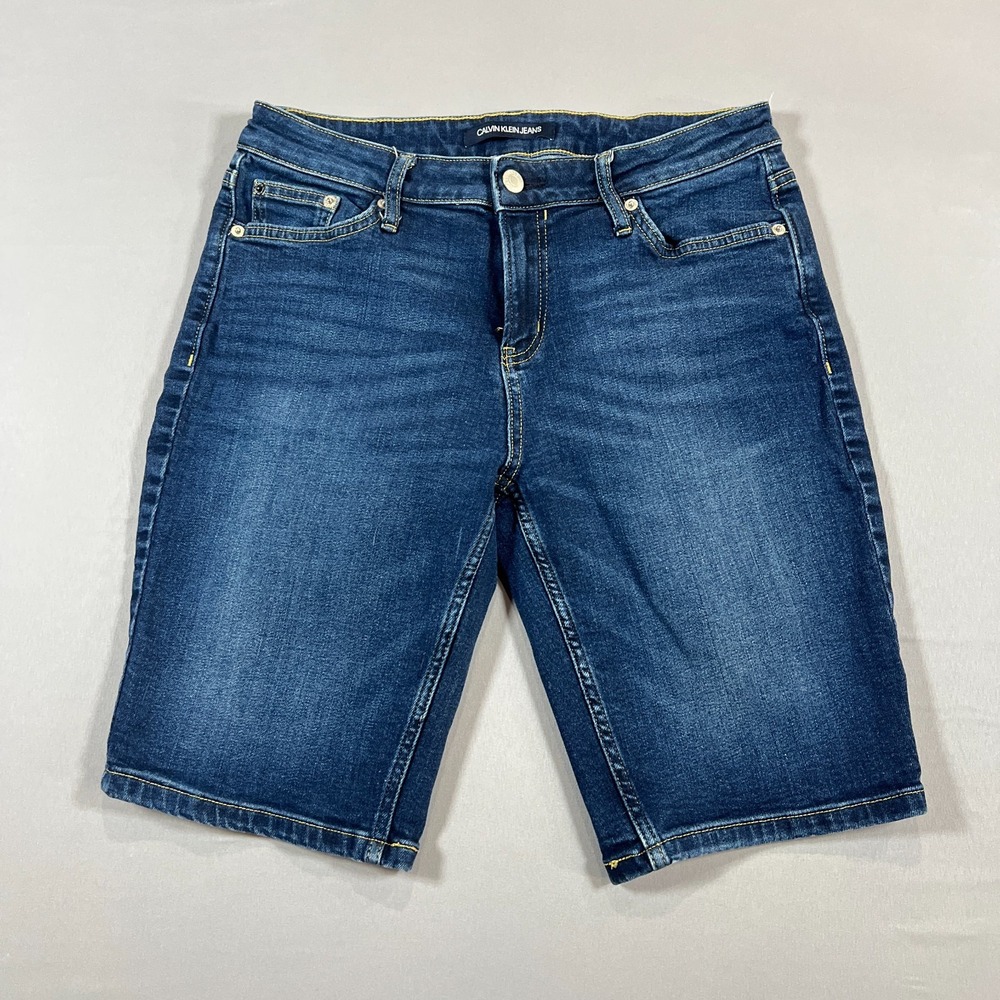 Calvin Klein Jeans Bermuda Shorts Womens 6 Blue Whiskered Denim Stretch Mid Rise